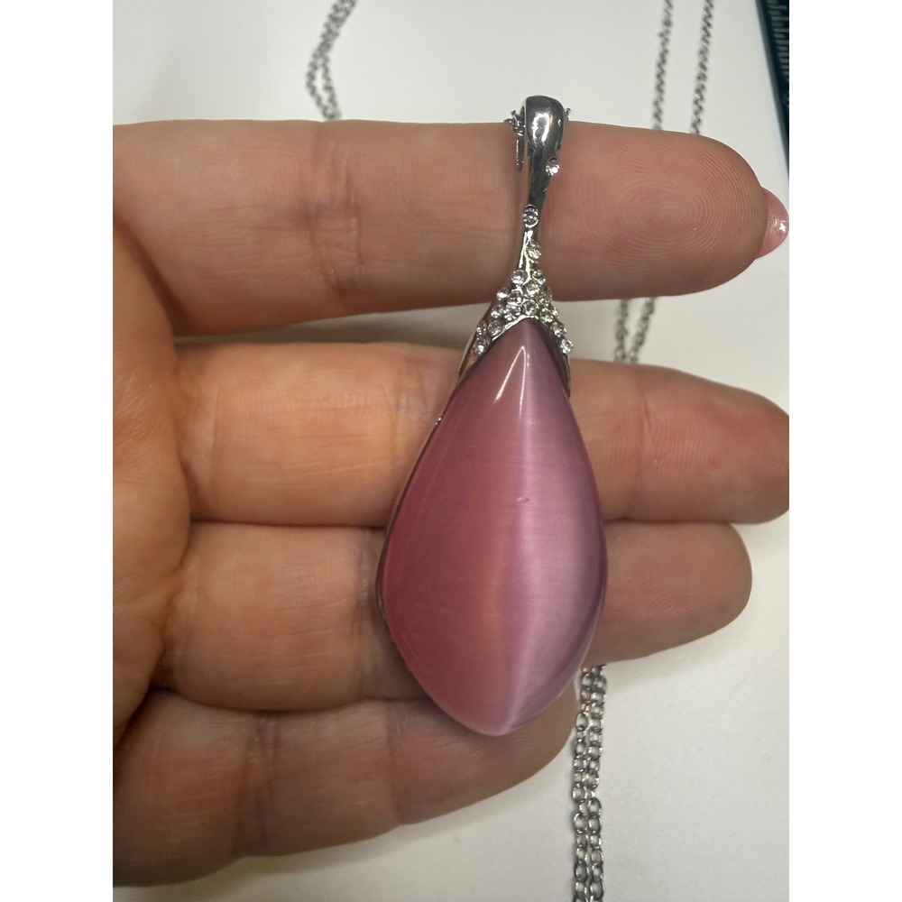 Pink Cats Eye Teardrop Pendant Necklace Silver Tone Rhinestone Accent 18-20 Inch